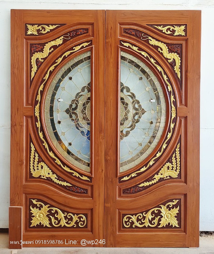 ประตูไม้สักบานคู่ กระจกนิรภัย แกะสลัก