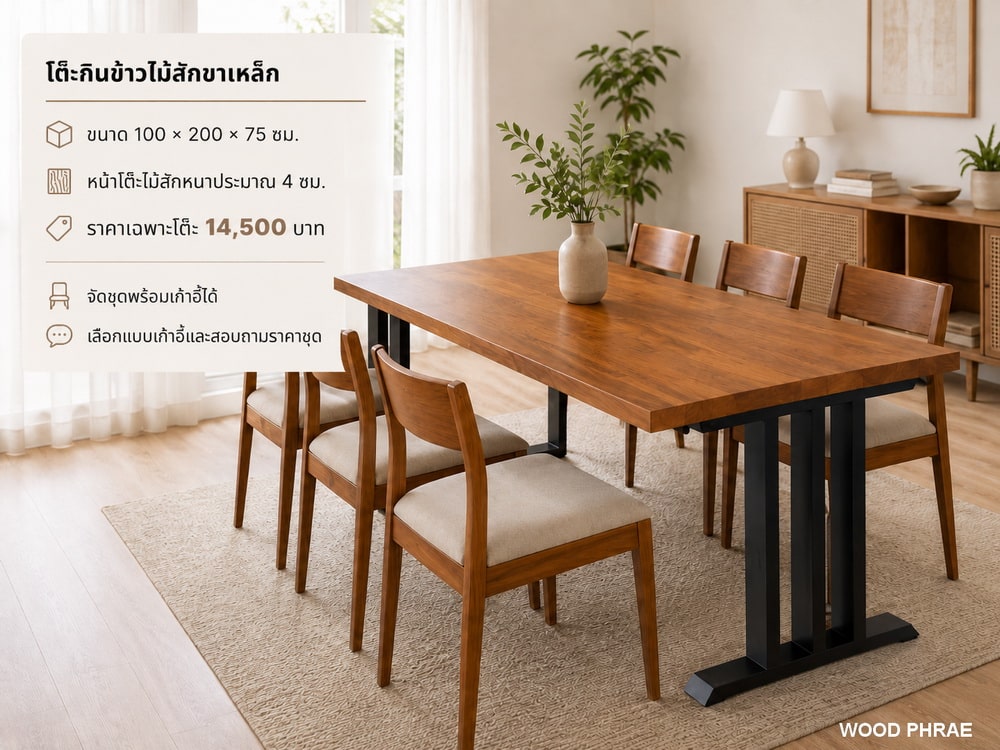 โต๊ะกินข้าวไม้สักขาเหล็กสีดำ ขนาด 100×200 ซม. พร้อมเก้าอี้