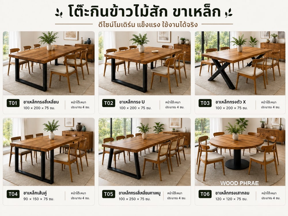โต๊ะกินข้าวไม้สักขาเหล็ก รุ่น T01-T06 สไตล์โมเดิร์น