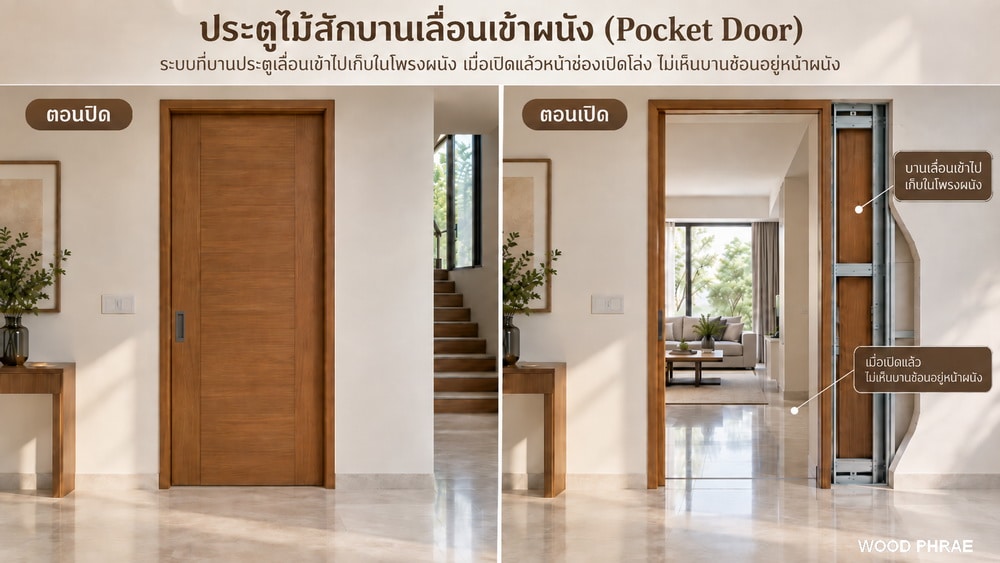 ประตูไม้สักบานเลื่อนเข้าผนัง Pocket Door