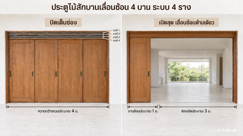 ประตูไม้สักบานเลื่อนซ้อน 4 บาน ระบบ 4 ราง เปิดช่องได้ประมาณ 3 เมตร